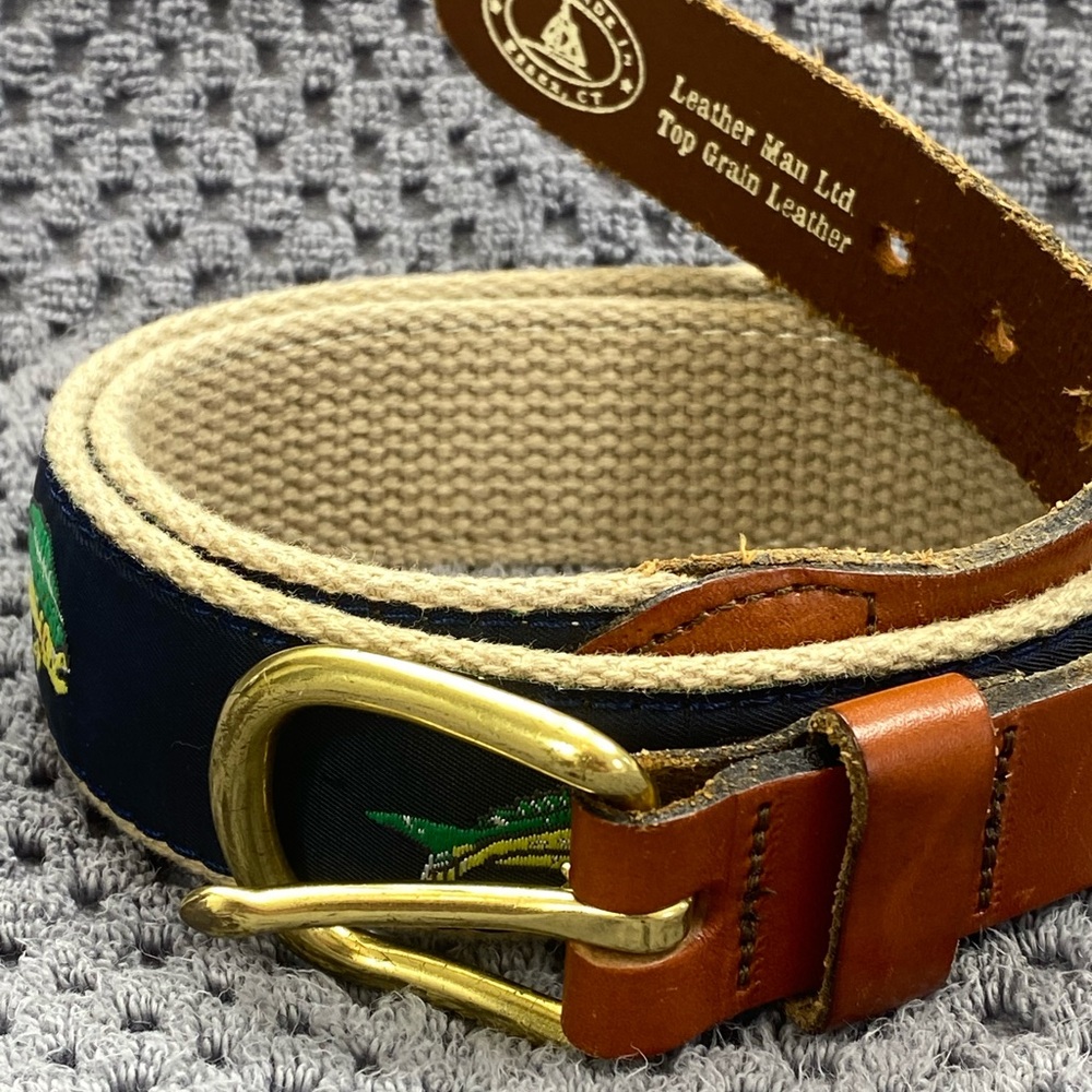 Leatherman Brown Top Grain Leather Canvas Brass Fish Mahi Mahi Belt Sz 38